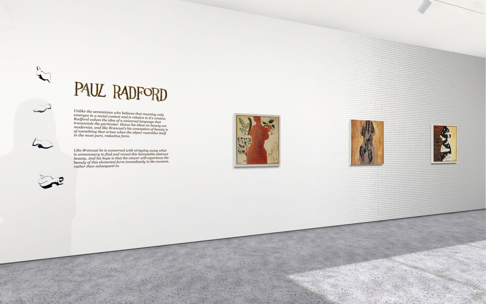 Exhibition with wall text, small graphics and a wall sized graphic by Paul Radford