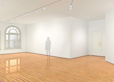 This 19 metre long gallery allows for the luxury of distance from large works and is augmented by light flooding in from a set of french windows at one end and two large victorian arched windows at the other.